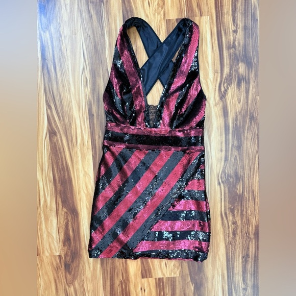 Milly Black and Maroon Striped Sequin Mini Dress - Picture 5 of 11